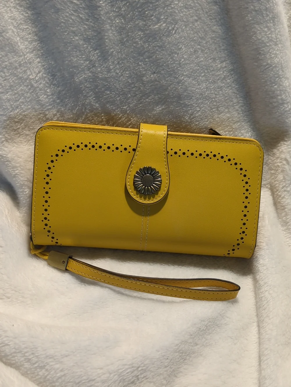 Yellow Wristlet Wallet with Floral Button Accent